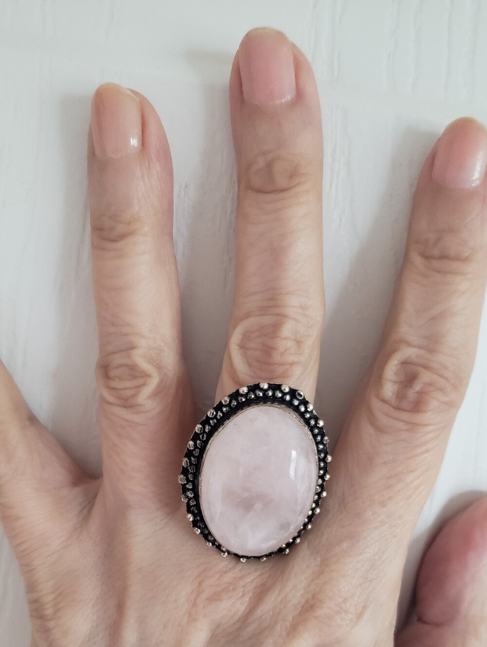 NEW Sz 8 Sterling Rose Quartz Genuine Gemstone Statement Ring Perfect Pink, 925